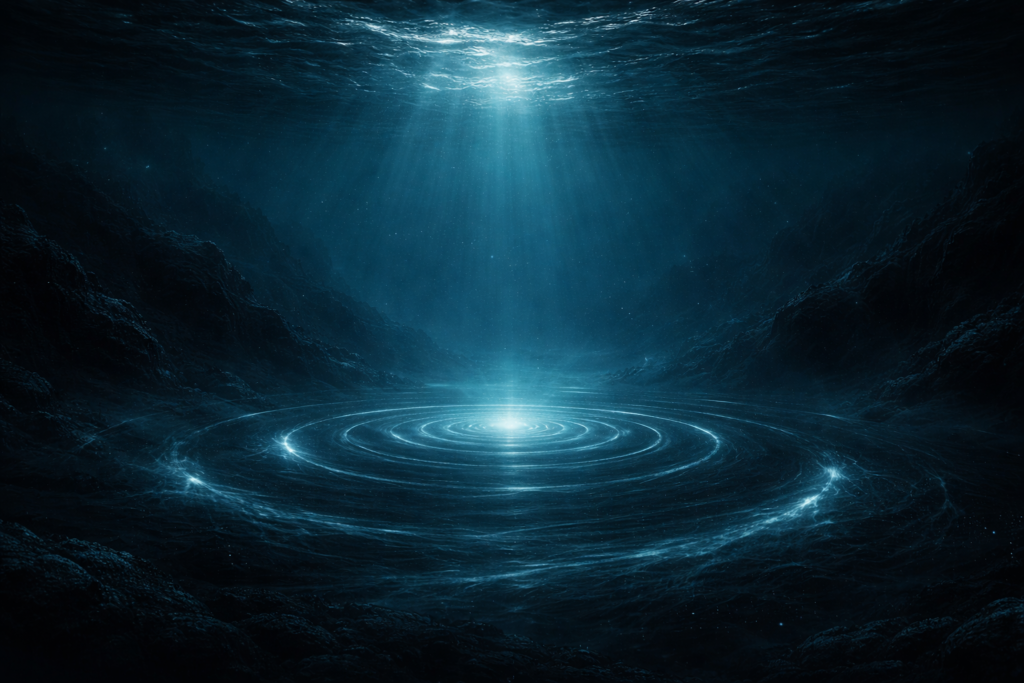 أعماق المحيط المظلمة مع تموجات دائرية توحي بوجود كيان ضخم غير مرئي