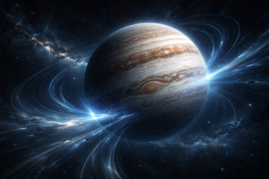 كوكب المشتري محاط بخطوط المجال المغناطيسي وموجات بلازما كونية