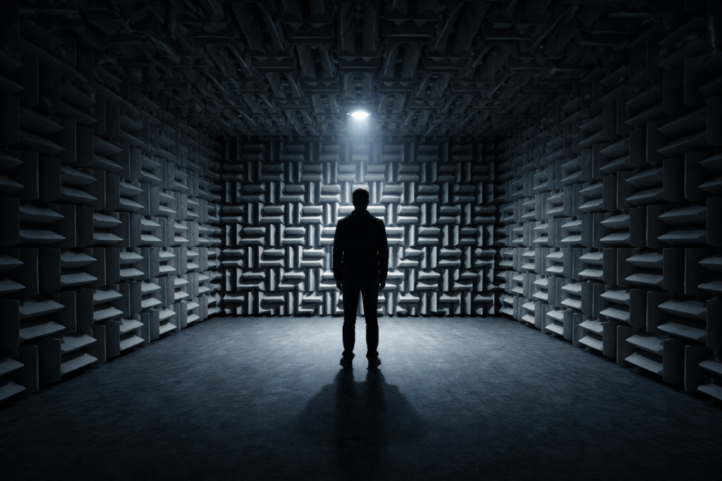 غرفة عازلة للصوت مع شخص يقف في صمت مقلق داخل بيئة هندسية مغلقة