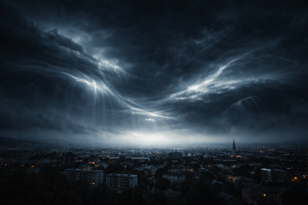 مدينة هادئة تحت سماء ملبدة بغيوم ضخمة ذات أشكال متموجة غامضة