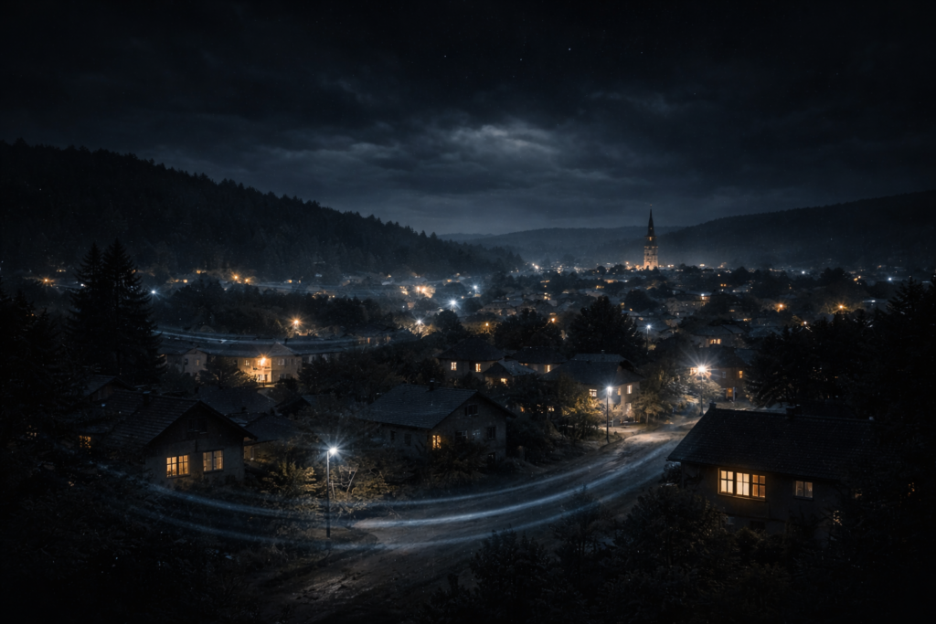 بلدة صغيرة ليلاً مع تموجات غير مرئية توحي بترددات صوتية منخفضة