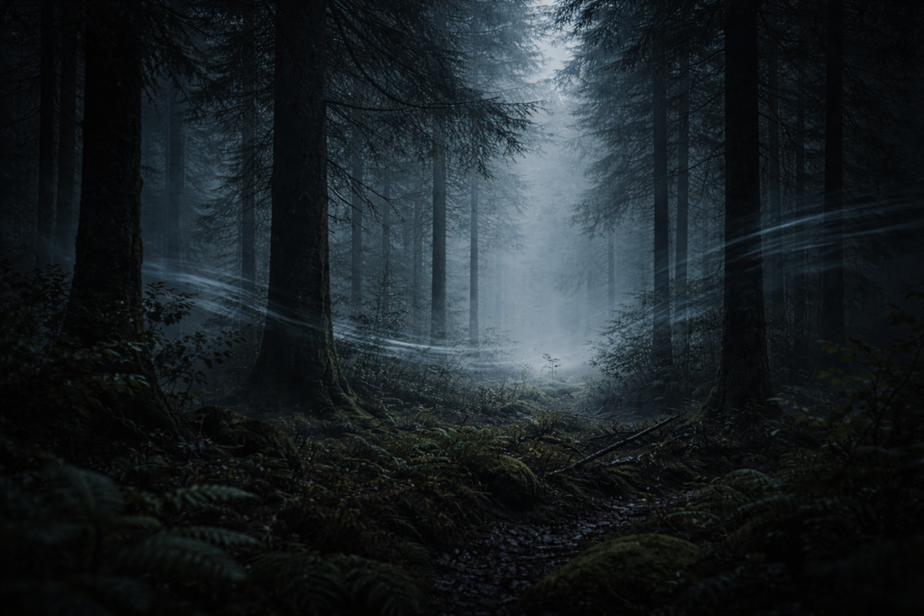 غابة كثيفة ضبابية مع اضطراب خفيف في الأشجار يوحي بوجود غير معروف