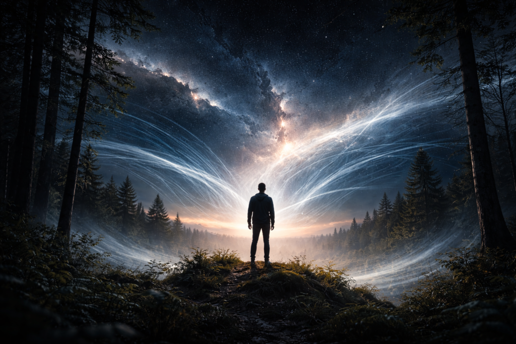 ظل إنسان يقف بين الطبيعة والفضاء مع موجات صوتية تربط الأرض بالسماء