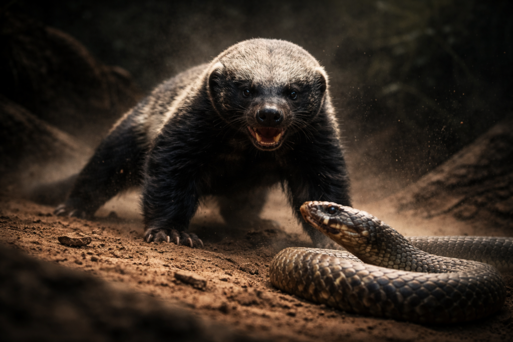 غوررير العسل يقف منتصرًا فوق كوبرا مهزومة على أرض رملية، في لقطة سينمائية بزاوية منخفضة، مع جزيئات غبار في الهواء وخلفية طبيعية مظلمة، تفاصيل الفراء والحراشف دقيقة للغاية، تظهر لحظة مواجهة لا تصدق بين الحيوانين.