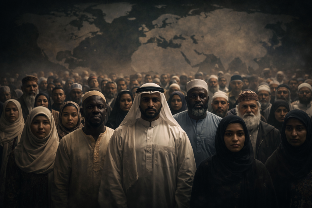 جمهور متنوع من المسلمين من آسيا وأفريقيا وأوروبا، بملامح وملابس عرقية مختلفة، وخريطة العالم تظهر بشكل خافت في الخلفية، بإضاءة درامية ناعمة وألوان عميقة، تفاصيل واقعية تعكس التنوع الثقافي، مشهد سينمائي يبرز الوحدة العالمية ويُظهر معلومة غريبة لا تصدق عن تنوع المسلمين حول العالم.