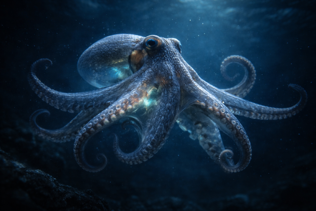 أخطبوط يطفو بهدوء تحت الماء، جسم شبه شفاف يكشف بشكل رمزي توهج تركيبته الداخلية، بإضاءة زرقاء وأجواء غامضة للبحر العميق، تفاصيل سينمائية دقيقة تعكس معلومة غريبة لا تصدق عن قدرة الأخطبوط الفريدة في التكيف مع أعماق المحيط.