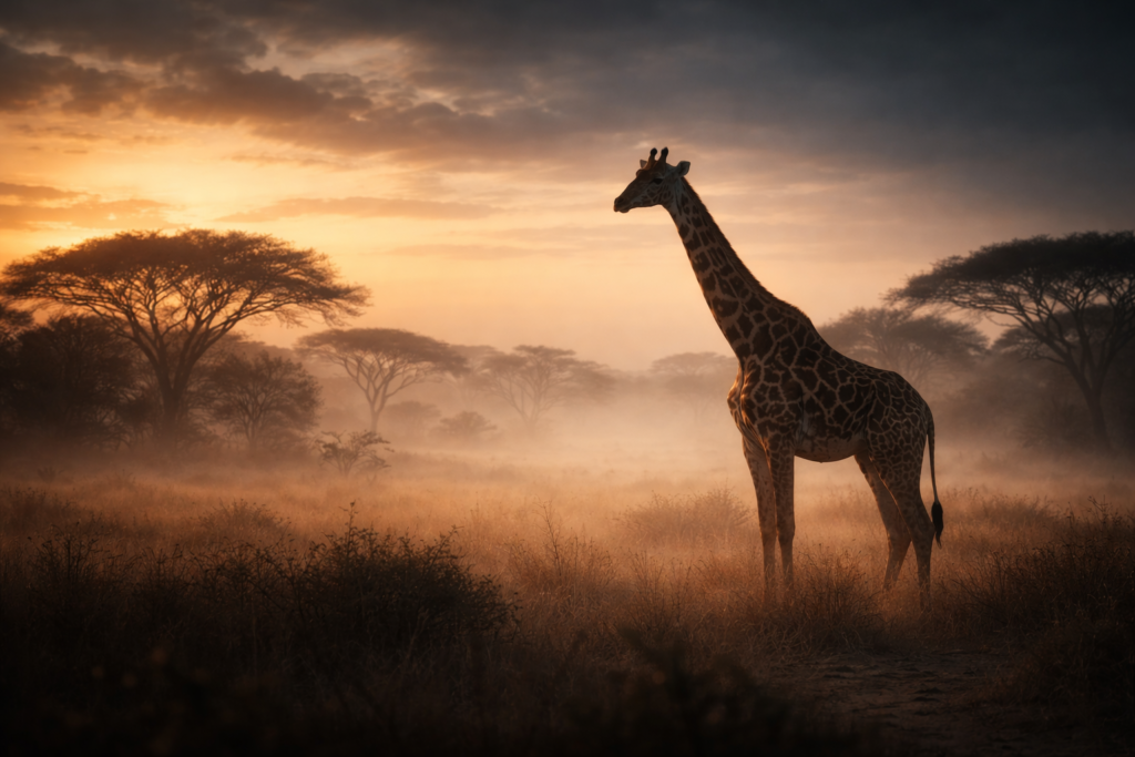 زرافة تقف بهدوء في السافانا الأفريقية عند الفجر، ضباب خفيف وأجواء هادئة، سماء درامية، ألوان دافئة ذهبية وزرقاء عميقة، تفاصيل سينمائية دقيقة تعكس معلومة غريبة لا تصدق عن سلوك الزرافات في الطبيعة.