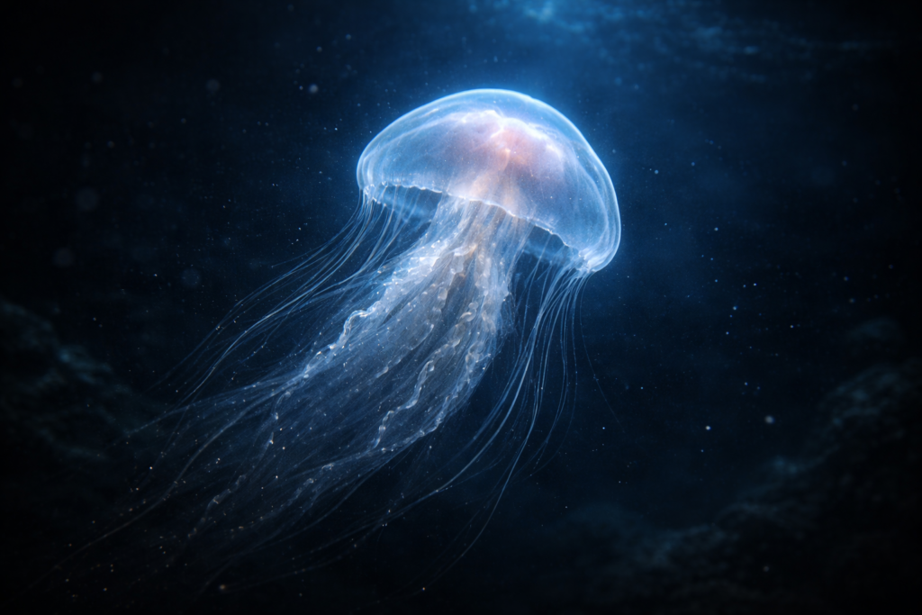 جليفة Turritopsis dohrnii تتوهج بلطف في أعماق المحيط، بإضاءة أثيرية توحي بالولادة الجديدة والحركة، خلفية زرقاء داكنة وجزيئات عائمة، تفاصيل دقيقة جدًا، مشهد سينمائي يبرز معلومة غريبة لا تصدق عن قدرة هذه الجليفة على تجديد خلاياها.