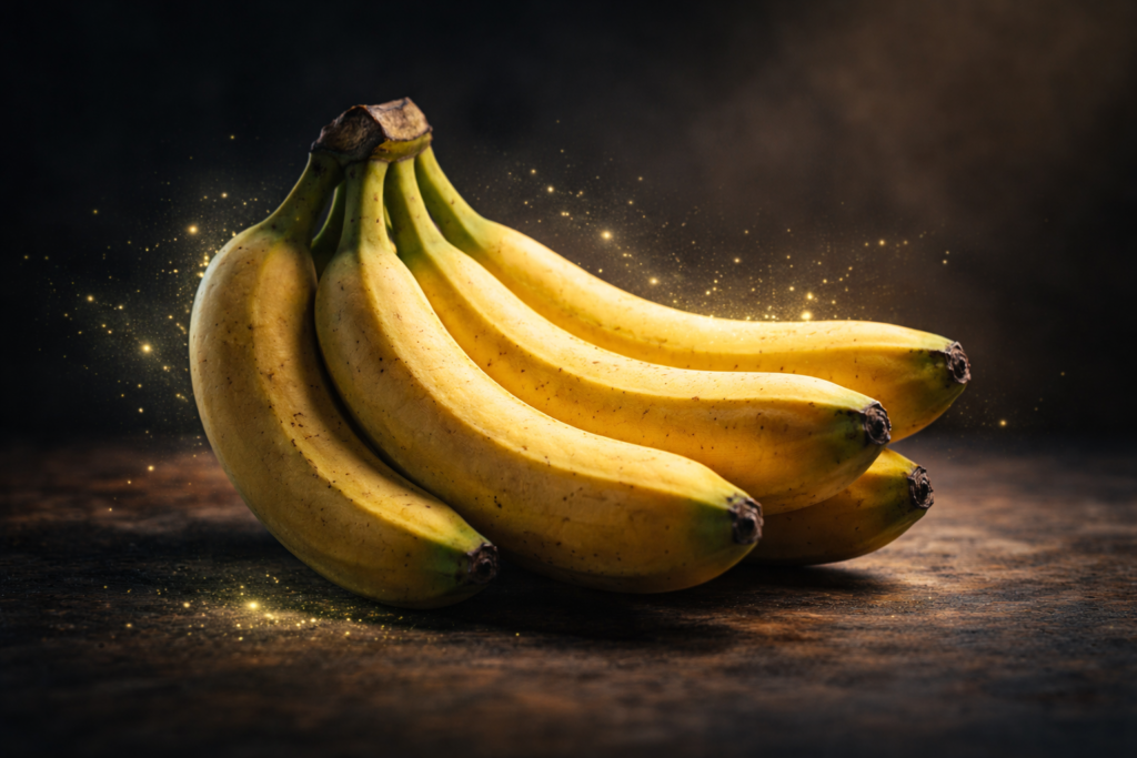 موز موضوع على سطح داكن مع جسيمات متوهجة ترمز للإشعاع بشكل رمزي، بإضاءة درامية وأجواء علمية وغامضة، تفاصيل واقعية دقيقة للغاية، مشهد سينمائي يبرز معلومة غريبة لا تصدق عن حقيقة الإشعاع الطبيعي في الموز.