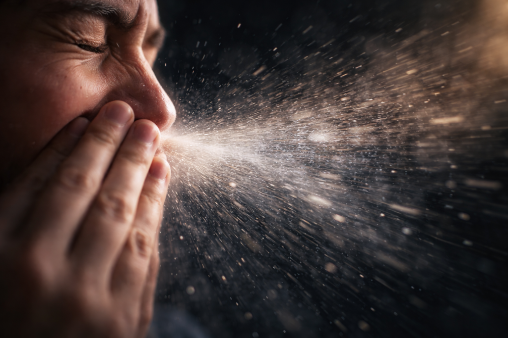 عطسة إنسانية ملتقطة بأسلوب ماكرو، مع ضباب الحركة وجزيئات الهواء المرمزة، تصور الطاقة الديناميكية، بإضاءة درامية وأجواء علمية دقيقة، مشهد سينمائي يعكس معلومة غريبة لا تصدق عن قوة العطسة وتأثيرها على الهواء المحيط.