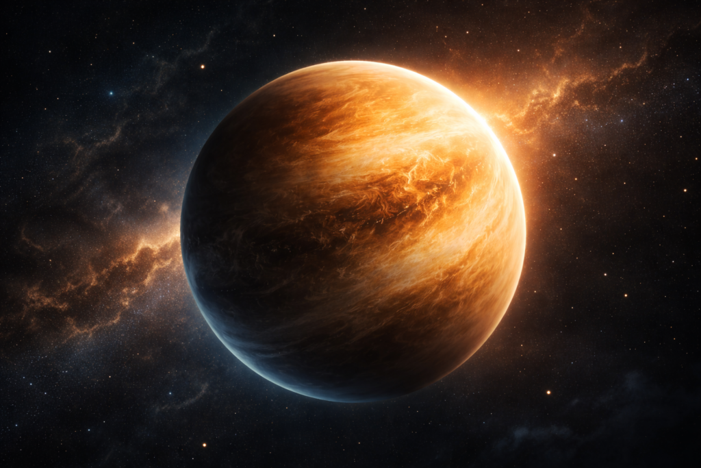 كوكب الزهرة يدور في اتجاه معاكس، جو متوهج يحيط به، نجوم وغبار كوني في الخلفية، إضاءة درامية وألوان عميقة للفضاء، مشهد سينمائي واقعي يبرز معلومة غريبة لا تصدق عن دوران الزهرة الغريب مقارنة بالكواكب الأخرى.