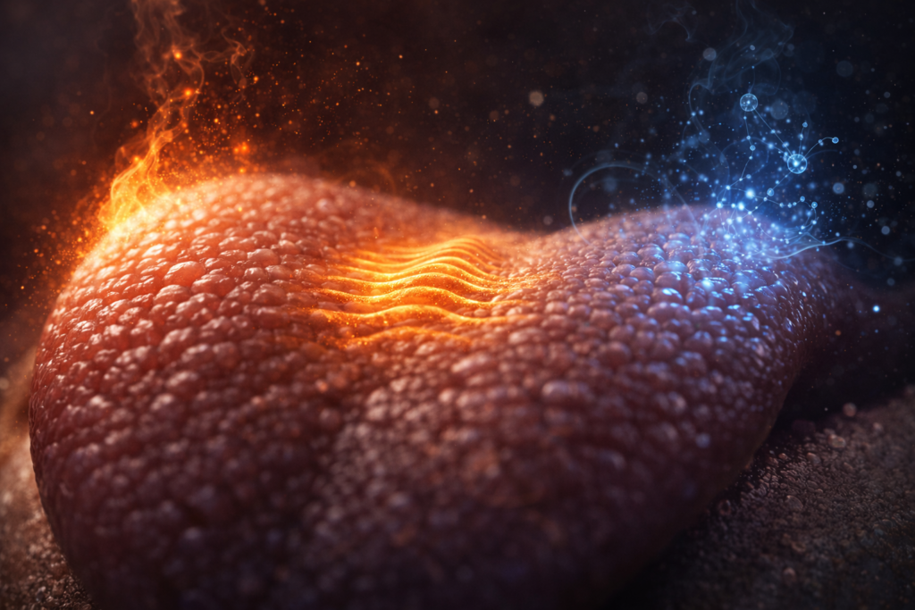 سطح لسان الإنسان ملتقط بأسلوب ماكرو، مع إشارات حسية رمزية مثل الحرارة والملمس والطعم، تصوير علمي تجريدي، إضاءة درامية وتفاصيل واقعية فائقة، مشهد سينمائي يوضح معلومة غريبة لا تصدق عن قدرات اللسان الحسية.