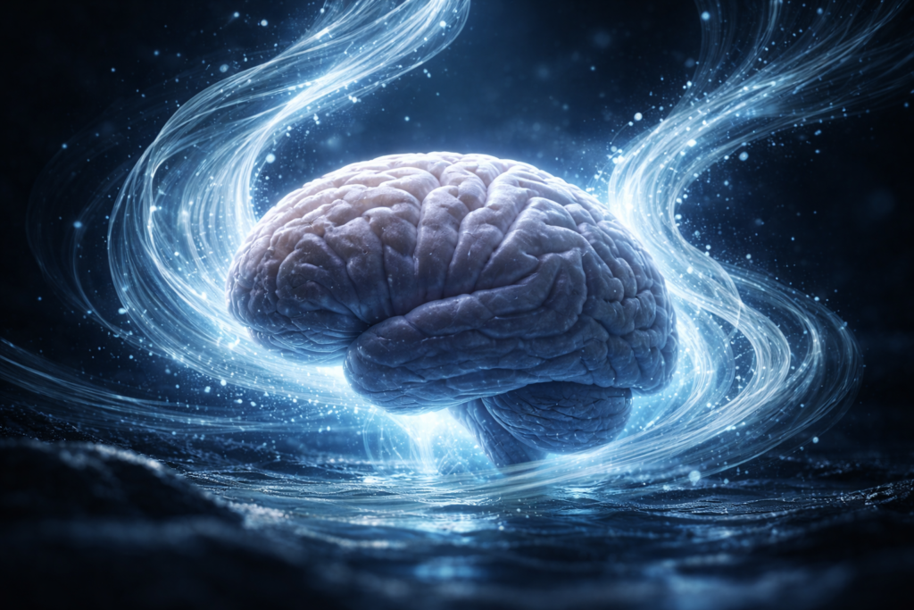 دماغ بشري محاط بتدفقات سائلة متوهجة ترمز إلى التنقية، أجواء هادئة ليلية، ألوان زرقاء عميقة وإضاءة ناعمة، تفاصيل سينمائية دقيقة، مشهد يوضح معلومة غريبة لا تصدق عن عملية تنقية الدماغ الرمزية.