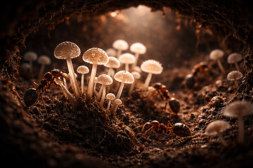 نمل يزرع الفطر بعناية تحت الأرض، بألوان ترابية غنية وإضاءة درامية، تفاصيل فائقة الدقة، مشهد سينمائي يعكس شعورًا بالغموض في عالم الطبيعة، يبرز معلومة غريبة لا تصدق عن قدرة النمل على الزراعة والتنظيم الاجتماعي.
