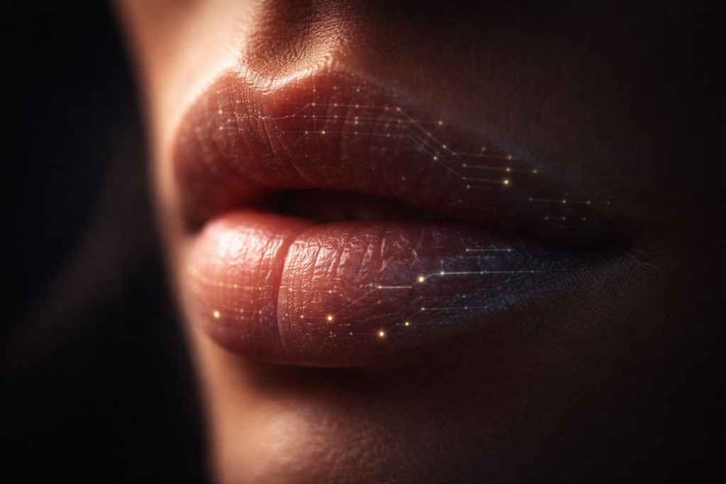 شفتان بشريتان ملتقطتان عن قرب، مع تراكب نمط بيومتري رمزي وأنيق، خلفية داكنة، إضاءة درامية ناعمة، ملمس واقعي للغاية، مشهد سينمائي يبرز معلومة غريبة لا تصدق عن التمييز البيومتري للبشر عبر الشفاه.