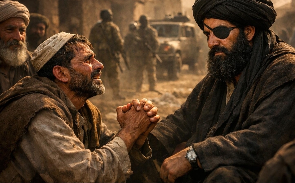 أب يطرق باب الملا عمر طالبًا النجدة، بينما الملا عمر يستمع بحزم وهدوء، في قرية رمزية تحت ضوء القمر.