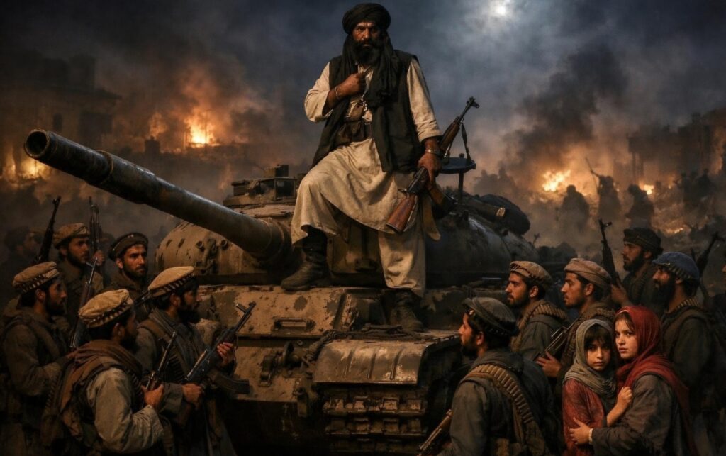 الملا عمر يقف في وسط مجموعة من ثلاثين طالبًا حوله في قرية رمزية، يحملون بنادق قديمة كرمز للتصميم والوحدة.