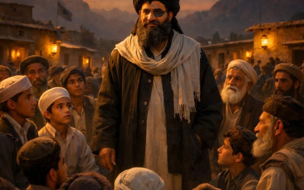 مشهد رمزي لقرية صغيرة تتحول تدريجيًا إلى مركز حضري، يرمز إلى توسع نفوذ حركة جديدة، مع ظهور مبانٍ بسيطة وأشخاص يتعاونون في شوارع هادئة