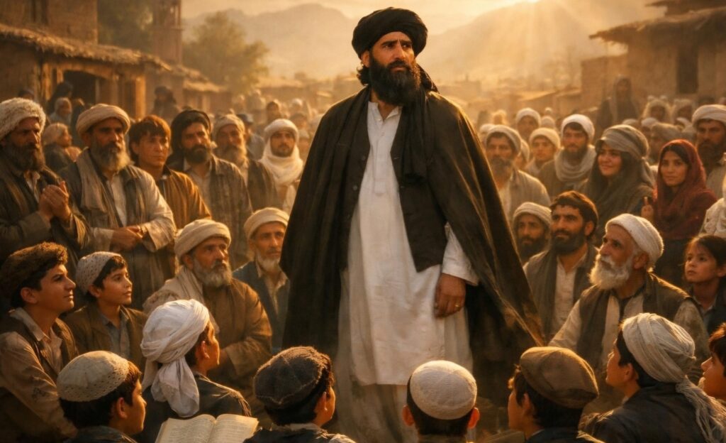 مشهد رمزي لمدينة حديثة، مع تجمع الناس في الساحات ومباني حكومية، يعكس عودة حركة قديمة للظهور والتأثير على المجتمع، مع تسليط الضوء على التساؤلات حول المستقبل