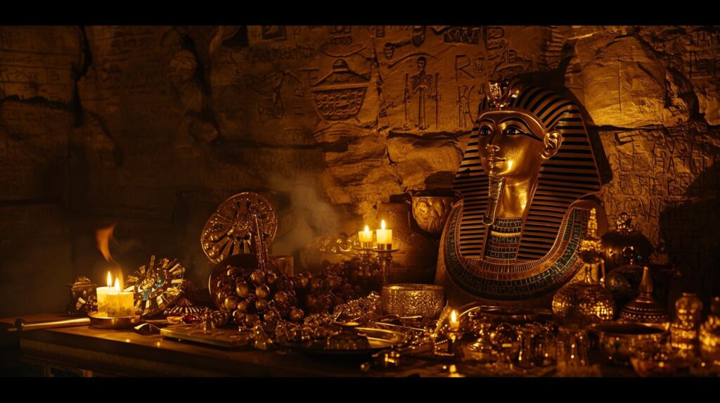 عالم آثار يكتشف مقبرة توت عنخ آمون الذهبية مع الكنوز والنقوش الهيروغليفية في إطار قصة لعنة الفراعنة