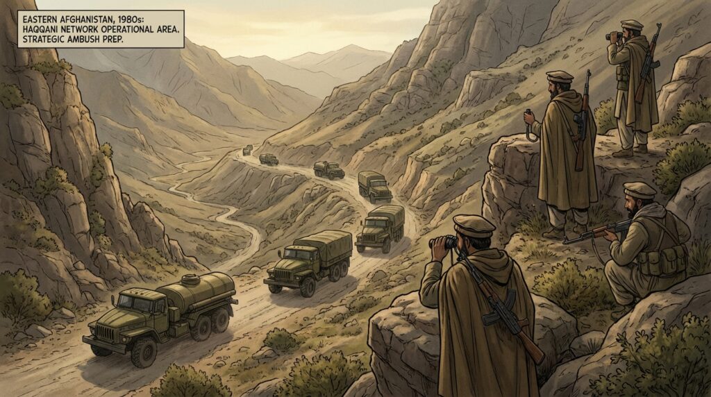 عرض واقعي لاستراتيجية حرب العصابات الأفغانية في الثمانينيات خلال حرب الأفغان، حيث تظهر قافلة إمدادات سوفييتية تسير في طريق جبلي ضيق بينما رجال حقاني يراقبون من فوق الصخور، التركيز على التضاريس والتكتيك لا القتال.