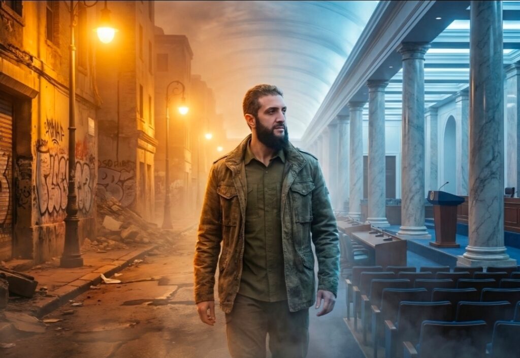 تمثيل بصري مولد بالذكاء الاصطناعي يُجسّد انتقالًا رمزيًا مستوحى من شخصية أحمد الشرع بين بيئات مختلفة.