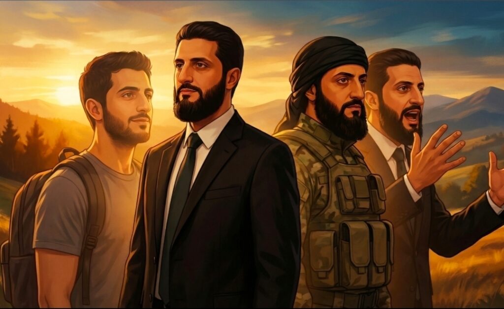 صورة مولدة بالذكاء الاصطناعي تُظهر تمثيلًا رمزيًا لأدوار متعددة مستوحاة من شخصية أحمد الشرع.