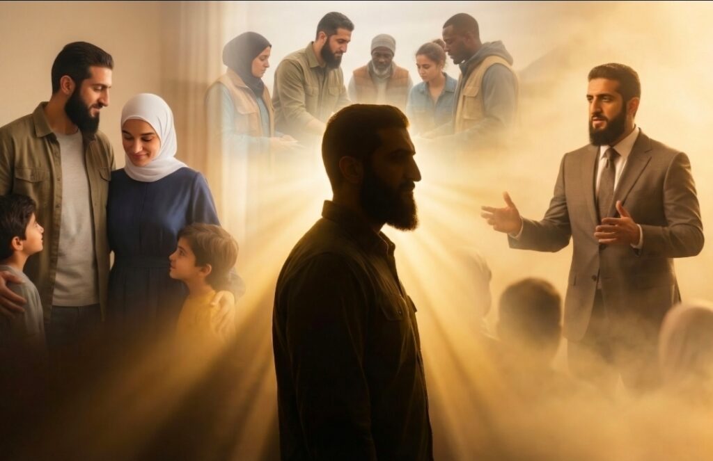 تمثيل بصري مولد بالذكاء الاصطناعي يعكس تعدد المشاهد الاجتماعية المستوحاة من شخصية أحمد الشرع.