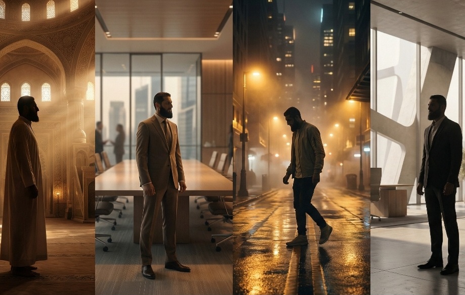 صورة مولدة بالذكاء الاصطناعي تُظهر تمثيلًا رمزيًا لشخصية مستوحاة من أحمد الشرع في أماكن مختلفة.