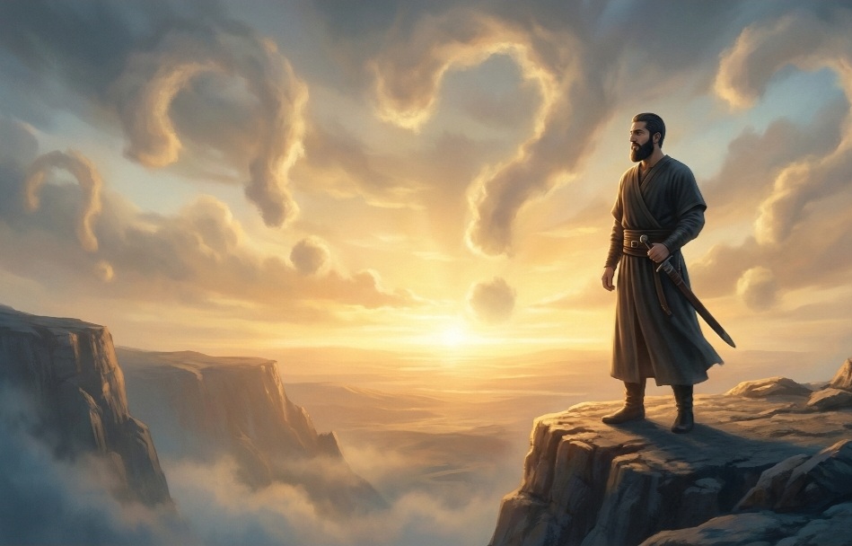 صورة مولدة بالذكاء الاصطناعي تُظهر تمثيلًا رمزيًا لشخصية مستوحاة من أحمد الشرع أمام أفق مليء بالأسئلة.