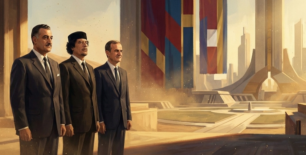 مشهد سينمائي لزعماء قوميين أمام مبانٍ حديثة تعكس صعود الأنظمة العلمانية العربية – صورة مولدة بالذكاء الاصطناعي.