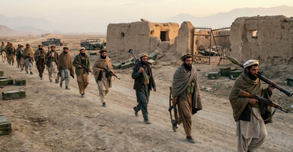 مشهد هادئ عند فجر اليوم خلال حرب الأفغان يظهر التحصينات شبه مهجورة، رجال حقاني يتقدمون بهدوء نحو مواقع مهجورة أو منهكة، التركيز على التعب والاستنزاف الطويل وليس المعارك العنيفة.
