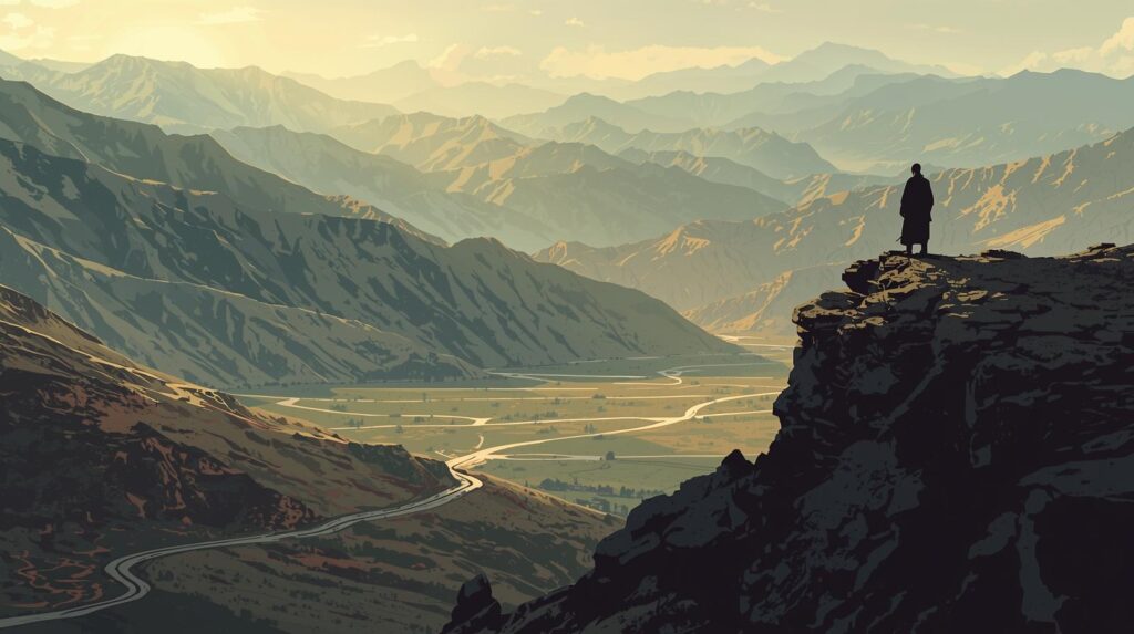 تصوير رمزي واقعي لجل الدين حقاني على حافة جبل خلال حرب الأفغان، يراقب مرور الوقت بدلاً من إطلاق النار، الطرق والقيادات السوفييتية تظهر مرهقة ومستهلكة، التركيز على الصبر والاستراتيجية الطويلة الأمد.