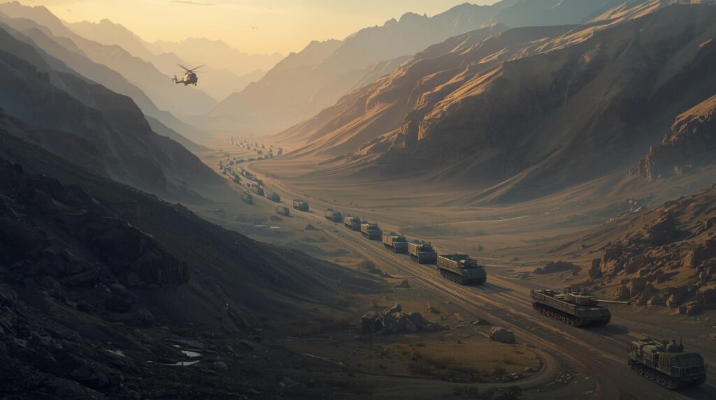 مشهد شامل لجبال أفغانستان يظهر قوافل الإمداد السوفييتية، الدبابات، المروحيات، الطرق الضيقة خلال حرب الأفغان، مع التركيز على الضغط النفسي واللوجستي المستمر، الزمن كعامل رئيسي، تمثل جميع المبادئ التكتيكية لعبقرية الاستنزاف الخاصة بجل الدين حقاني.