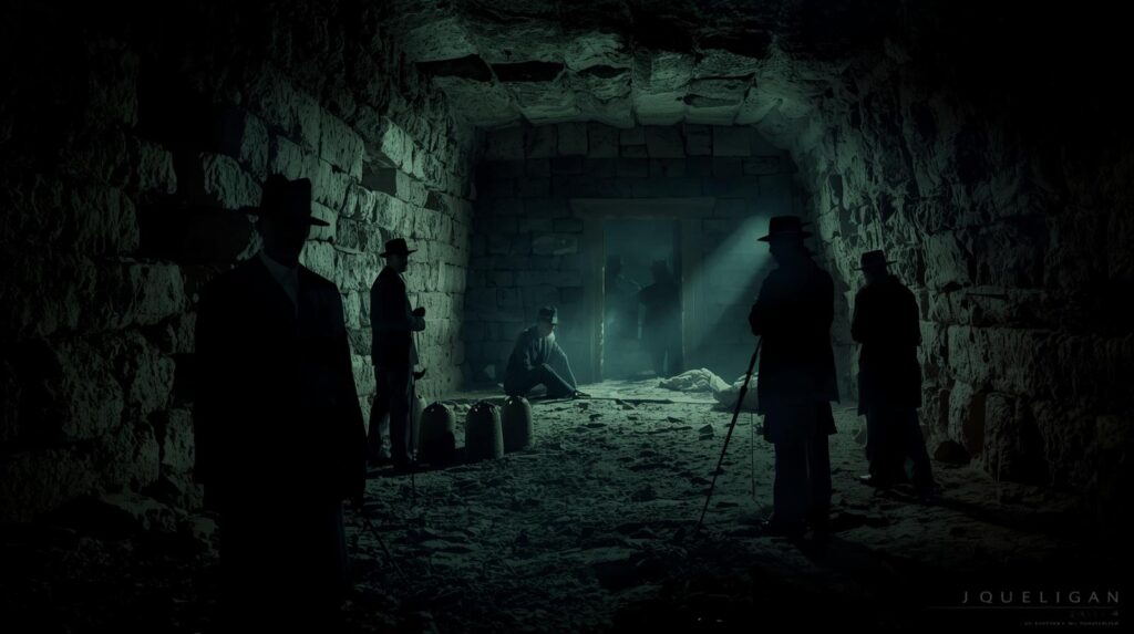 علماء آثار في الظل مع جو مريب أمام مقبرة قديمة، مرتبط بحديث لعنة الفراعنة