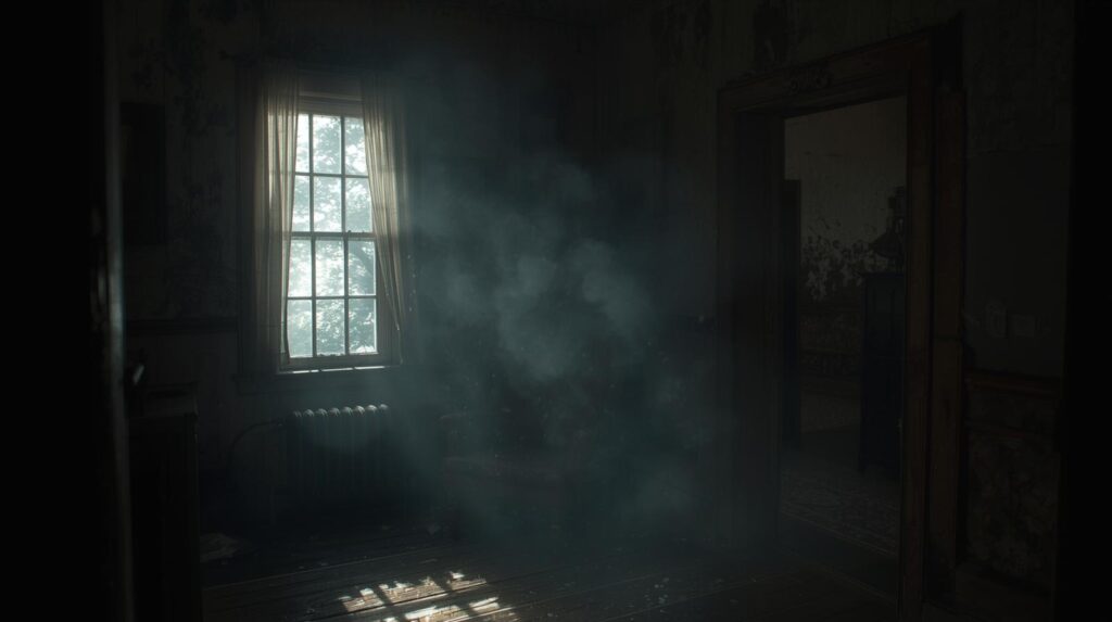 ظل داكن يخرج من خلف جدار داخل بيت قديم ويختفي عند الالتفات إليه