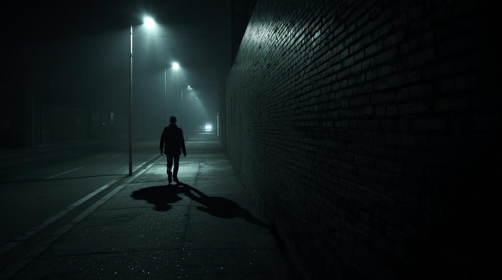 ظل غامض يمشي بجانب شخص في شارع مظلم رغم خلو الطريق تمامًا