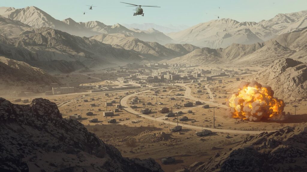 منظر واقعي لمدينة خوست محاصرة بين جبال وعرة خلال حرب الأفغان، طرق الإمداد فارغة أو متوقفة، مروحيات سوفييتية في المسافة تستهلك الوقود، توتر وعبء طويل الأمد على القوات، التركيز على العزلة والاستنزاف وليس القتال المباشر.