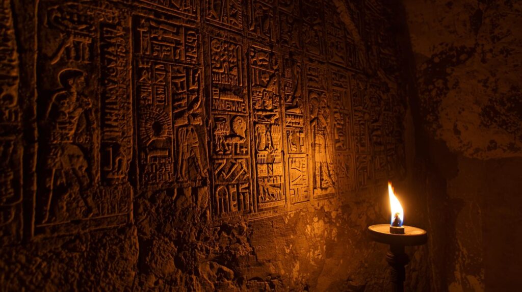 نقوش هيروغليفية تحذر على جدران المقبرة القديمة، جزء من أسطورة لعنة الفراعنة