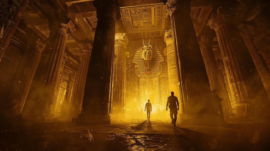 ملصق فيلم هوليوودي عن لعنة الفراعنة، مع مستكشفين داخل مقبرة ذهبية