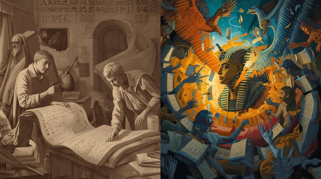 رسم عرضي منقسم: الجانب الأيسر بأسلوب دافنشي يمثل التفسير العلمي، الجانب الأيمن بأسلوب بيكاسو يمثل أسطورة لعنة الفراعنة