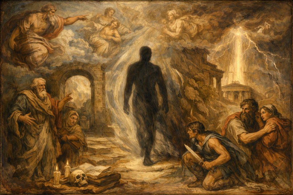 رسمة بأسلوب مايكل أنجلو تجسد ظلًا غامضًا ككيان بلا ملامح في مشهد رمزي