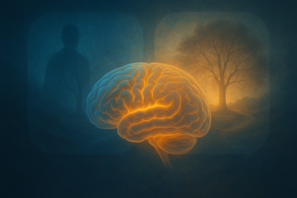 دماغ بشري متوهج في المقدمة تحيط به طبقات شفافة لمشاهد متداخلة ترمز لتشابك الذاكرة مع الإدراك والديجا فو.