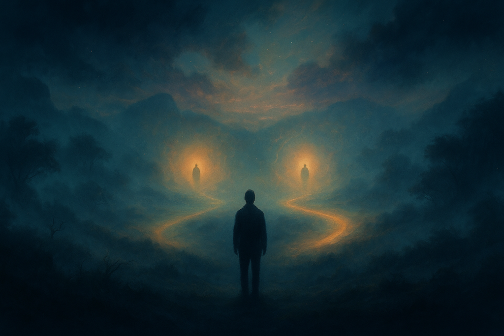 ظل إنسان يقف في ضباب حلمي أمام طريقين متوازيين مضيئين ينتهيان بشخصين بعيدين، في ضوء أثيري يرمز لإحساس تعدد الخطوط الزمنية والعودة إلى لحظات مألوفة.