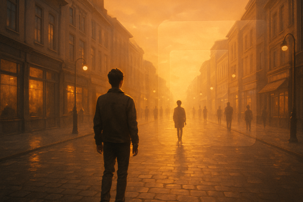 شخص يقف في شارع مرصوف بالحجارة عند الغروب، بينما يظهر نفس المشهد مرة ثانية بشكل شفاف ومتزامن، في إضاءة ذهبية تعطي إحساسًا بالتصوير البطيء والواقع المكرر.