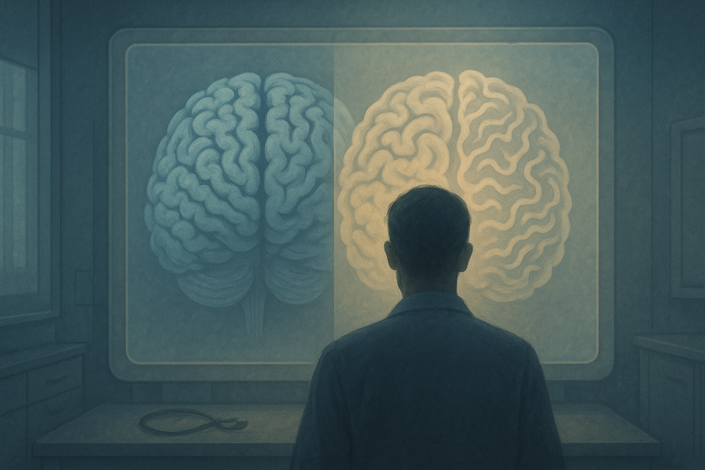 شخص يقف أمام شاشة طبية تعرض تصويرًا لدماغ طبيعي بجانب دماغ بنمط مشوّه متداخل، في غرفة فحص هادئة ترمز لاضطراب أنماط النشاط العصبي المرتبط بالديجا فو.