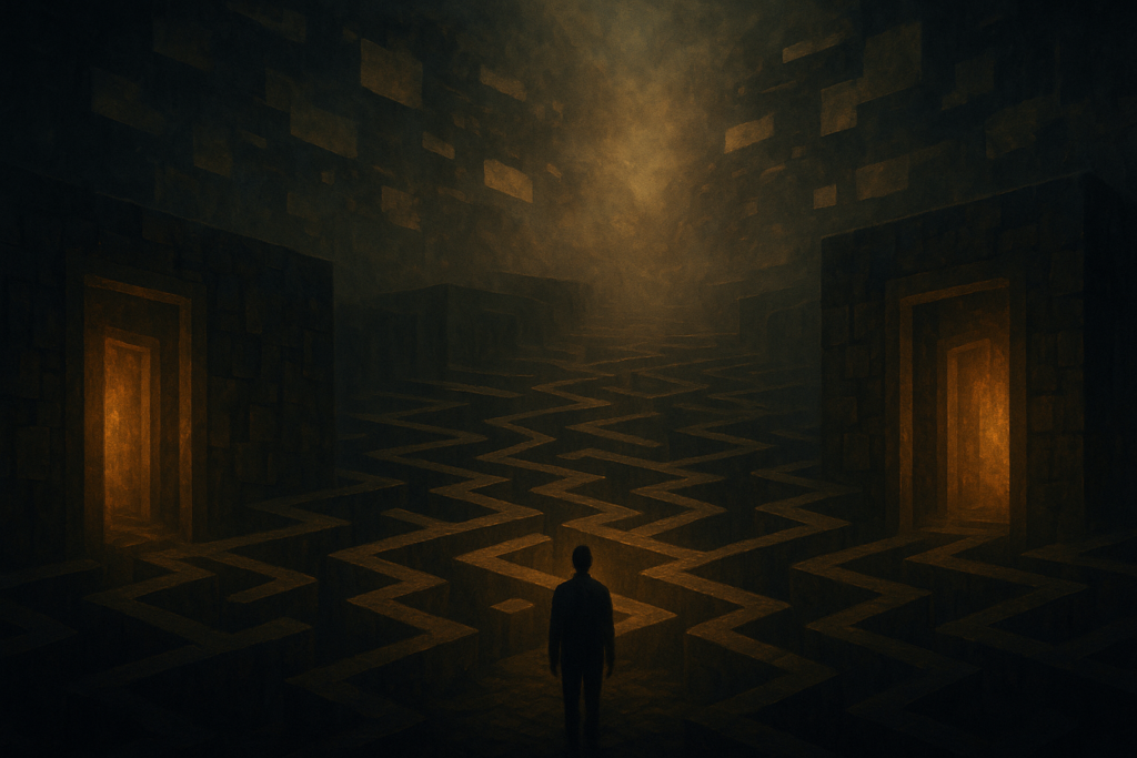 ظل إنسان يقف عند مدخل متاهة عميقة من ممرات متعرجة مضيئة بالذهب، مع بابين متشابهين متوهجين على الجانبين، يرمزان للأسئلة المفتوحة والحيرة في تفسير الديجا فو والذاكرة.