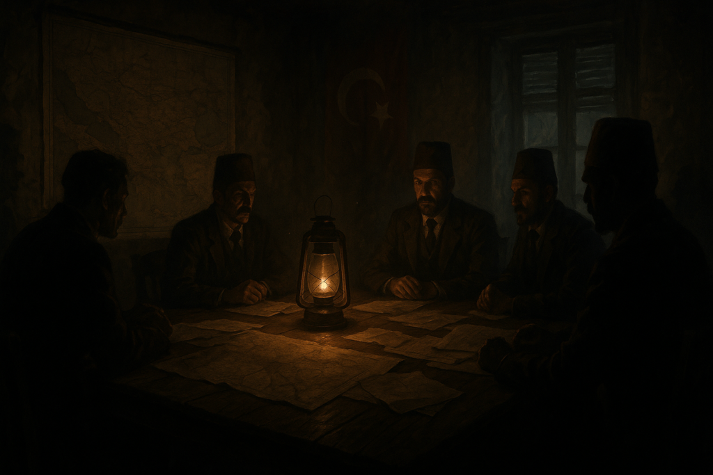 مشهد سينمائي لمجموعة رجال في غرفة سرية يمثلون منظمات الاتحاد والترقي – صورة مولدة بالذكاء الاصطناعي.