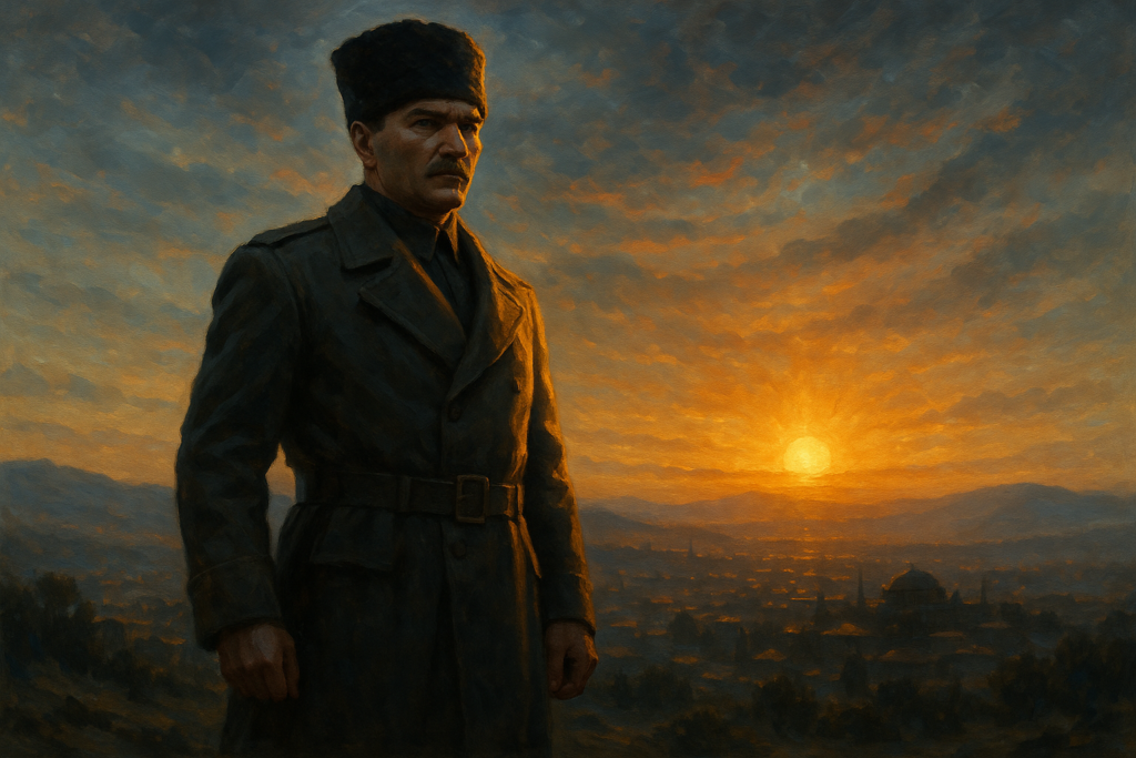 صورة شبه واقعية لمصطفى كمال أمام أفق متحوّل يرمز لبداية الدولة العلمانية – مولدة بالذكاء الاصطناعي.