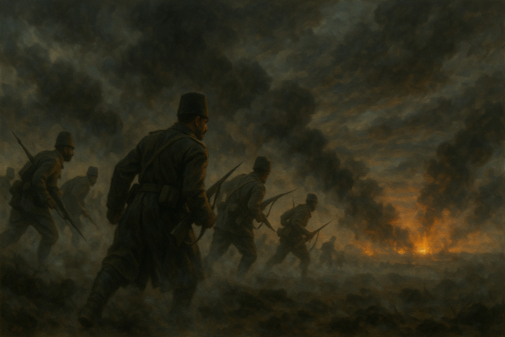 لقطة سينمائية لجنود عثمانيين في ساحة حرب من الحرب العالمية الأولى – صورة مولدة بالذكاء الاصطناعي.